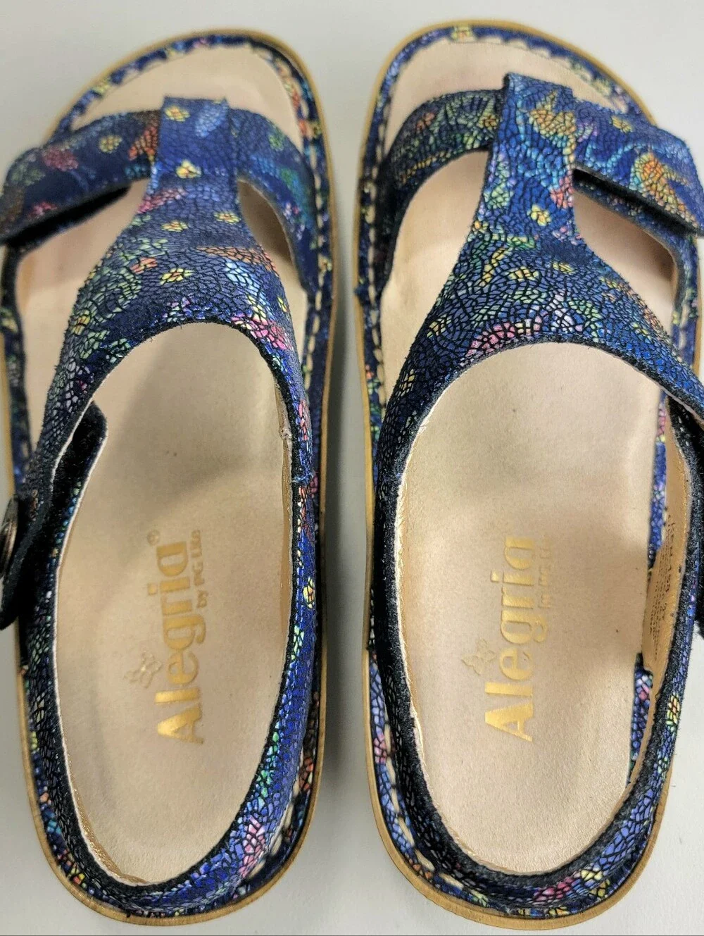 Alegria Women’s Kendra Leather Sandals Birdland Mosaic Adjustable EU37/US 7-7.5